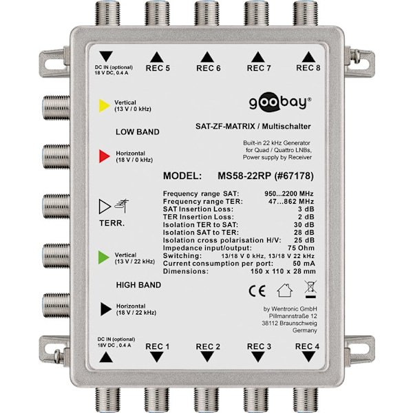 Passiv SAT multi-switch 5 ingångar / 8 utgångar