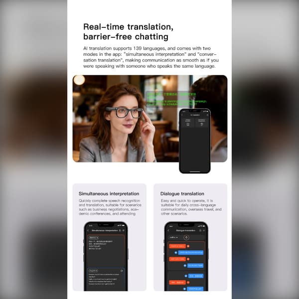 AI smartbriller med røgtonede linser, 8MP kamera, Bluetooth 5.4, realtidsoversættelse og AI-stemmeassistent til rejser, møder og indholdsskabelse