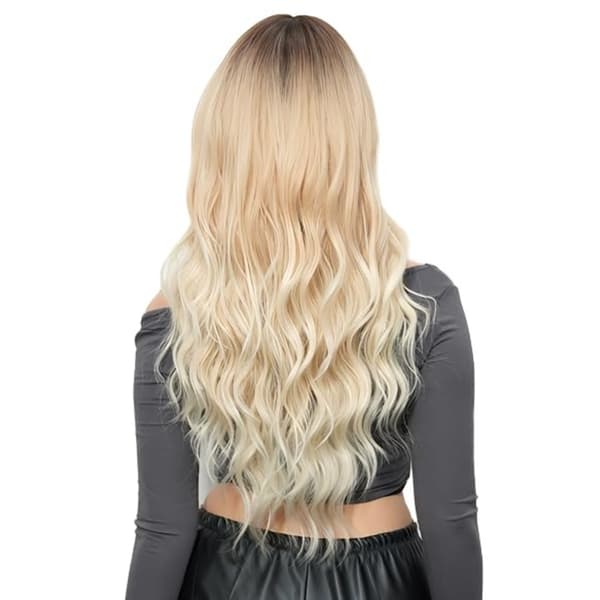 Lång Lockig Peruk med Bangs - Gyllene Syntetisk Värmebeständig Modeperuk