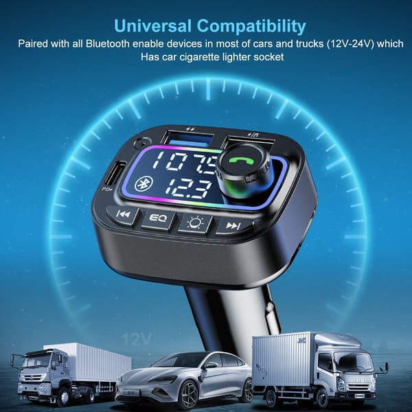 Bil Bluetooth MP3-afspiller med Bluetooth 5.3, FM-transmitter, dual USB og PD30W hurtigopladning, kompatibel med 12-24V bilstrøm