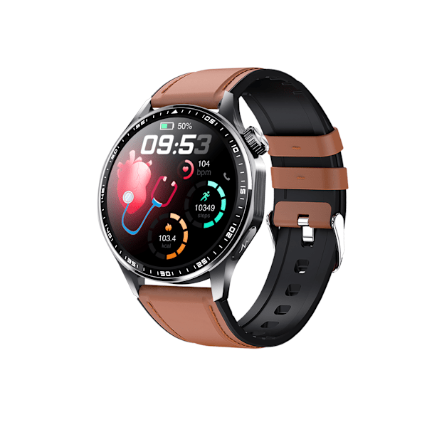 Smartwatch med EKG, pulsmåler, blodtryksmåler og skridttæller Sort og brun læderrem