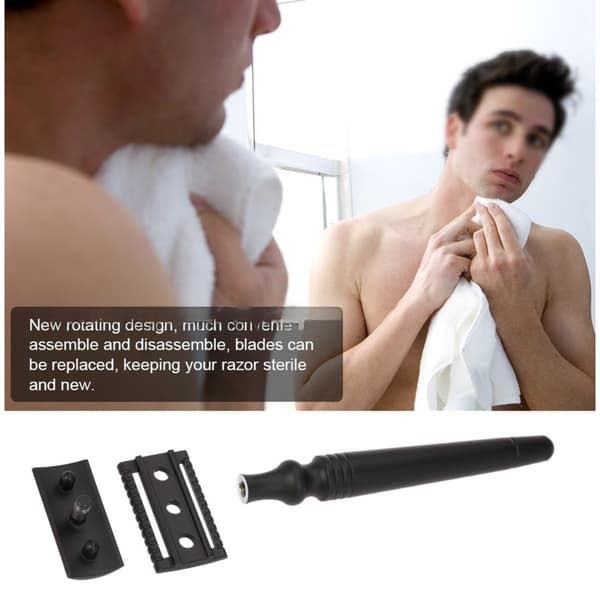 Sort aluminiumlegering dobbeltsidet sikkerhedsbarberkniv sæt med stativ til ansigtsbarbering