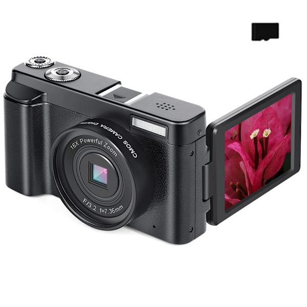 INF Digitalkamera med 48 MP, HD 1080p, 16x zoom, flip screen, 32GB minneskort