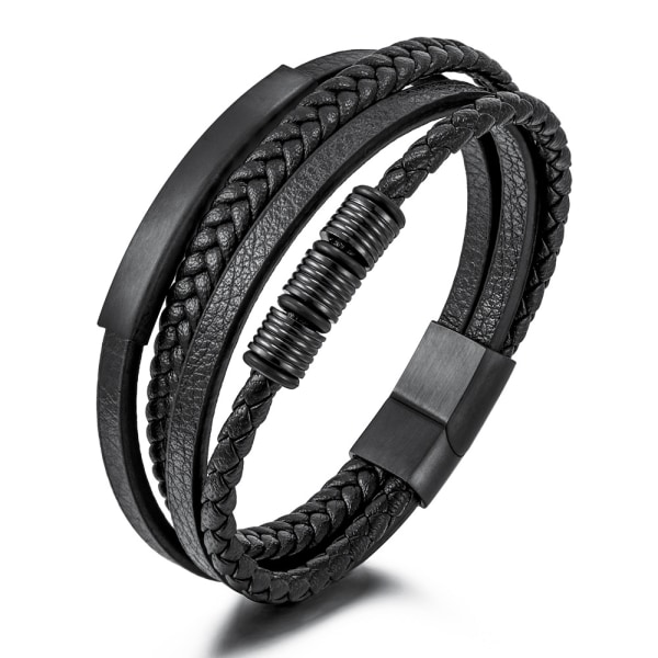 Flerlags vævet læderarmbånd med rustfri stålspænde 22 cm