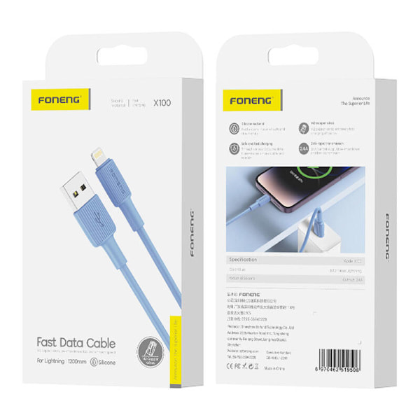 Foneng X100 USB-A-Lightning-kaapeli 2,4A, 1,2m (sininen)