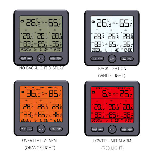 Digitalt termometer / hygrometer med 3 fjernsensorer Sort