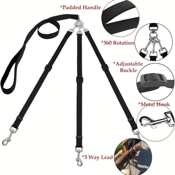 Trippelkoppel 3-i-1 infällbart polyesterkoppel med metall och ABS-kontakter, svart, längd:90cm bredd:2.5cm