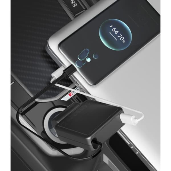 PD30W biloplader med udtrækkeligt kabel til 12v-24v biler og lastbiler, op til 45w, USB-C, grå