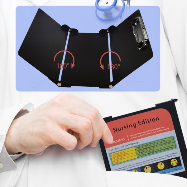 Nursing Clipboard Foldbar, med penneholder til studerende, sygeplejersker Sort