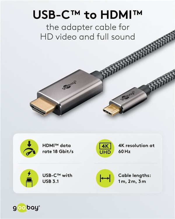 USB-C™ - HDMI™ -tekstiilikaapeli 4K @ 60 Hz, 2 m, musta; hopea