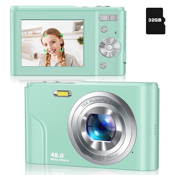 INF Digitalkamera 48 MP, 1080p FHD, 16x zoom, 32GB minneskort Grön
