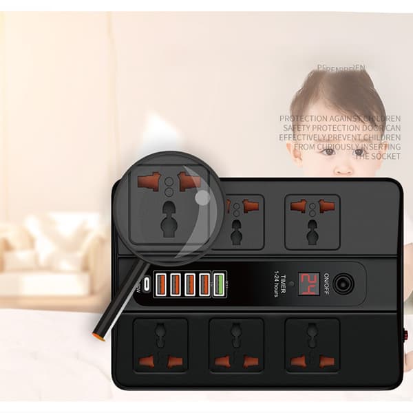Universal strømskinne med 6 stik, PD20W & QC3.0, og 1-24 timers timer Black Black