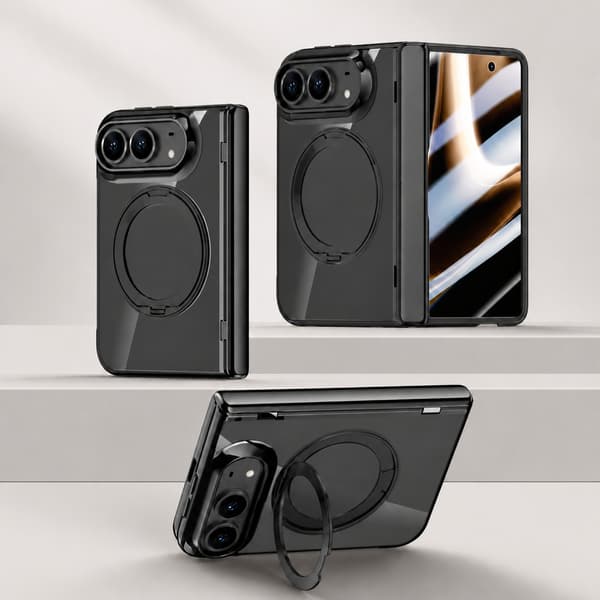 Foldbart PC-telefoncover kompatibelt med iPhone Duo med MagSafe, 360° stativ og hærdet glas Black Black