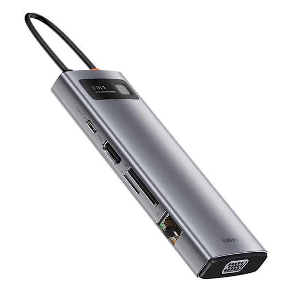 Hub 9in1 Baseus Metal Gleam Series, USB-C till 3x USB 3.0 + HDMI + USB-C PD + Ethernet RJ45 + microSD/SD + VGA