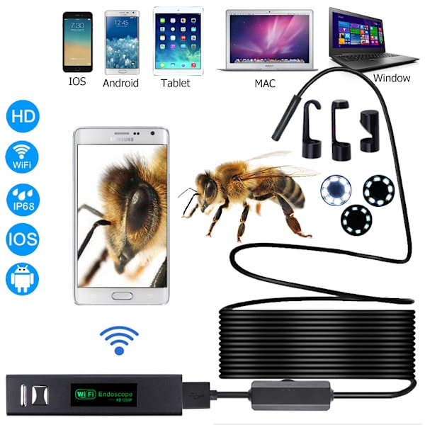 INF Wi-Fi-tarkastusendoskooppi, korkea resoluutio, 8 LED-valoa, IP68-vedenpitävä 10 m