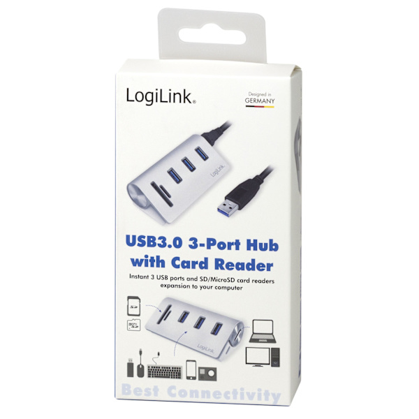 LogiLink USB3.0 3-port hub + minneskortsläsare