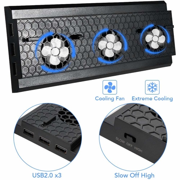 Xbox One X-stativ med blæser og 3 USB-porte