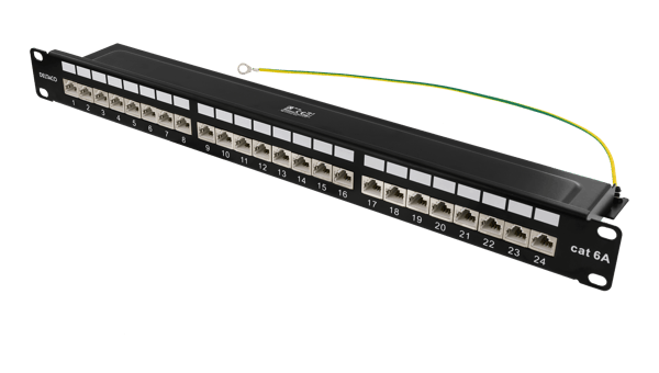 STP patch panel, 24xRJ45, Cat6a, 1U, 19", metal, black