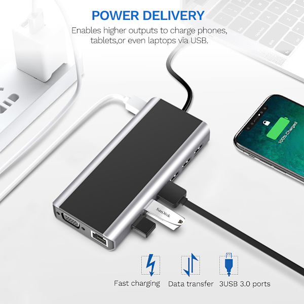 15-in-1 USB-C Hub -monitoimiadapteri HDMI:llä, VGA:lla, Ethernetillä ja SD/TF-kortinlukijalla