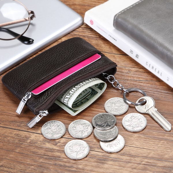 Liten plånbok / korthållare med dragkedja Äkta Läder Svart