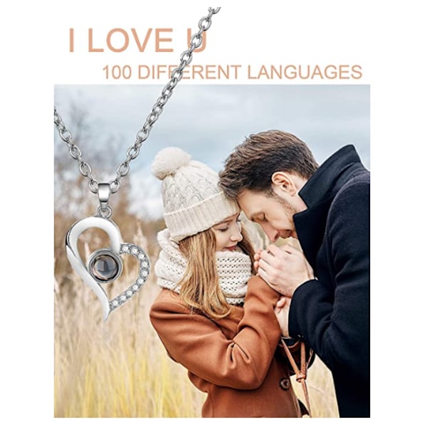 Hjärthalsband med projektionshänge "I love you" på 100 språk Silver