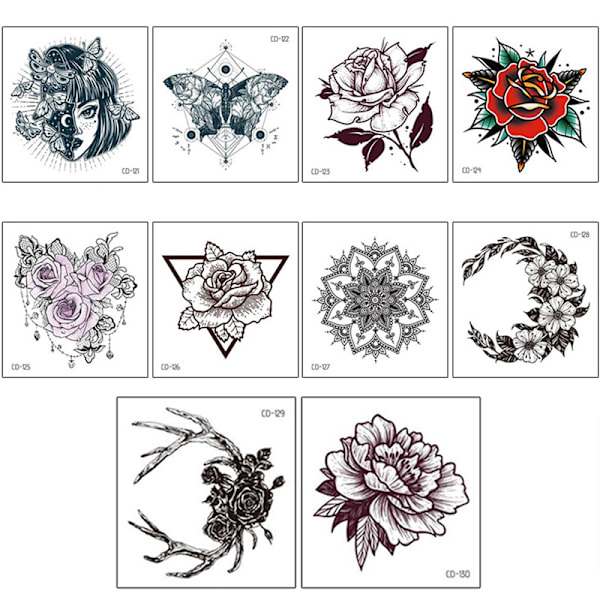 Paket med 10 ark tillfälliga tatueringar model 2