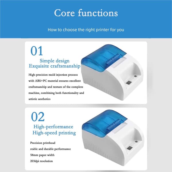 58mm Termisk Bluetooth USB Kvitteringsprinter - Kompakt og alsidig Blue + White Blue + White