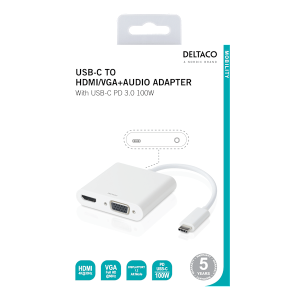 USB-C docking station, HDMI/VGA/USB-C/3.5mm, white