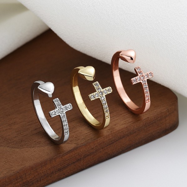 Justerbar Cross Heart Open Ring Rose guld