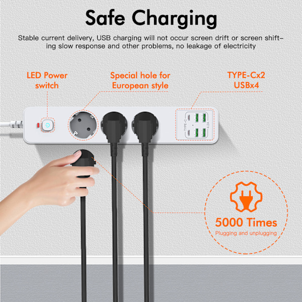 BKL-03 EU Power Strip 6 USB-portilla Valkoinen