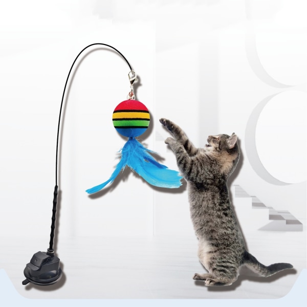 Cat Interactive Toy Set, Handheld Feather Teaser Wand Blå
