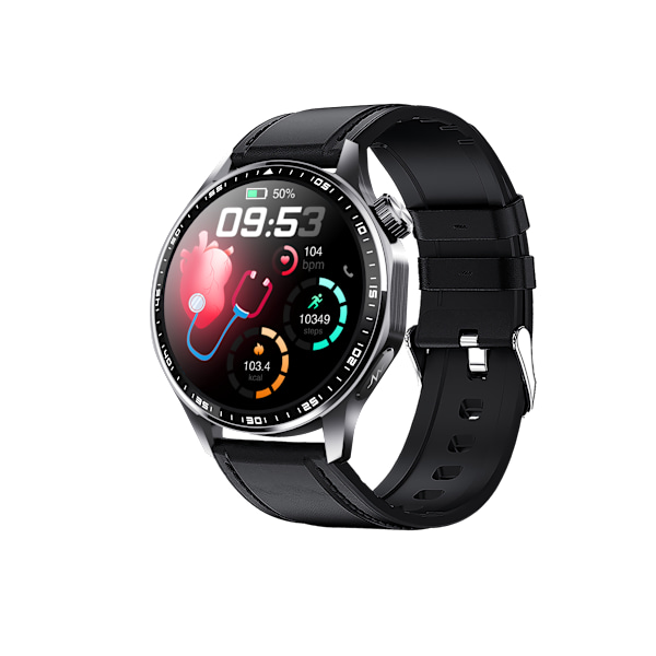 Smartwatch med EKG, pulsmåler, blodtryksmåler og skridttæller Sort læderrem