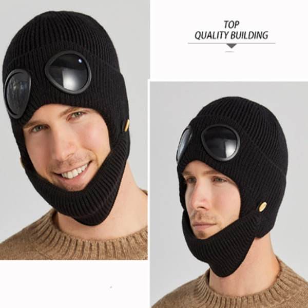 Strikket hue med briller og maske Sort
