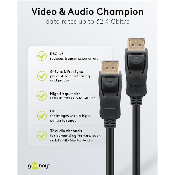 DisplayPort™-kabel 1.4, certifierad, 32,4 Gbit/s