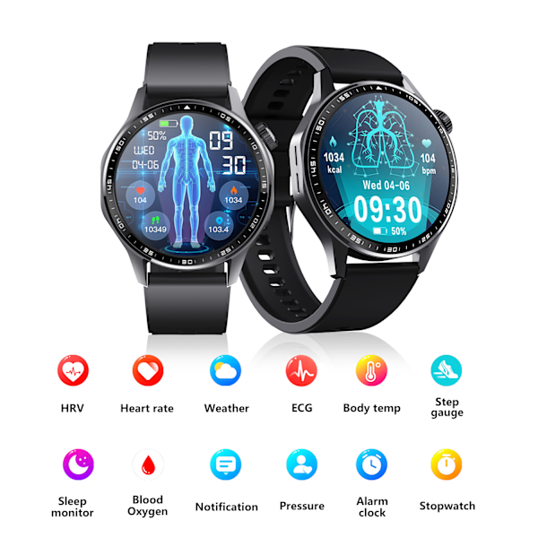 Smartwatch med EKG, pulsmåler, blodtryksmåler og skridttæller Sort og brun læderrem