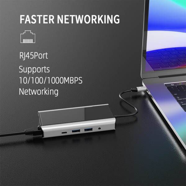 11 in 1 USB C -keskitin, jossa USB 3.0, HDMI, RJ45, SD/TF-kortinlukija – 100 W PD-lataus