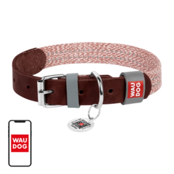 Hundhalsband av naturläder och återvunnet material med QR-kod Waudog storlek M, bredd 20 mm, brun