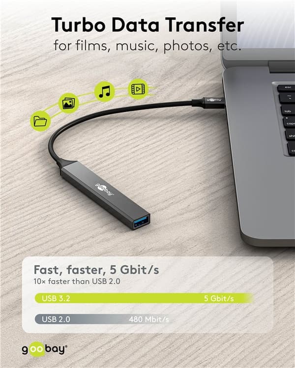 Ohut USB-keskitin 4 portilla, USB-C™ - USB-A, 5 Gbit/s