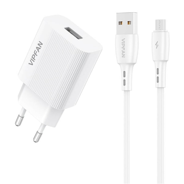 Nätladdare VFAN E01, 1x USB, 2,4A + Micro USB-kabel (vit)