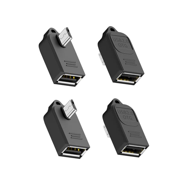 USB-A hona till Micro-B hane OTG-adapter med 90° vinkel och nyckelring, 4-pack, ABS svart, stöder 5V/1A laddning och USB 2.0 dataöverföring