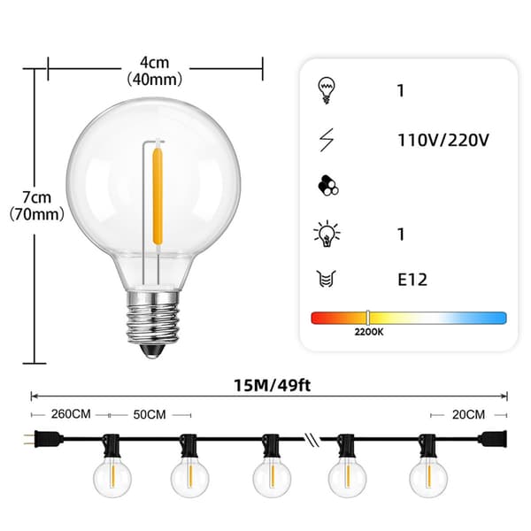 15m 25 LED E12 Globe Valosarja Varapolttimolla - 220V EU-pistoke