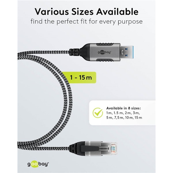 Ethernet-kabel USB-A 3.0 til RJ45, Slim, 7,5 m