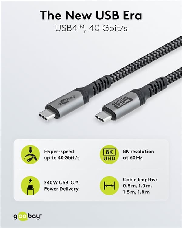 USB-C™-kaapeli, USB4™, 0,5 m, musta;hopea