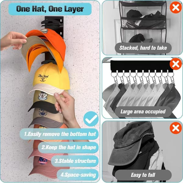 Multi-lags Baseball Cap Vægmonteret Organizer Rack - Nem Installation Hat Opbevaring White White