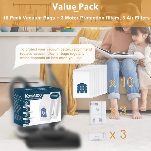 Reservsäckar för dammsugare 10-pack vit ABS+non-woven tyg kompatibelt med Miele GN för Classic C1, Complete C2 C3, S2 S5 S8