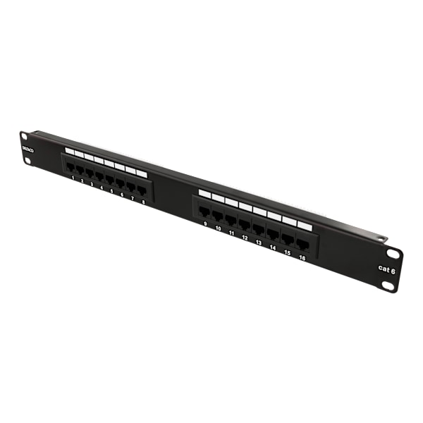 19" patch panel, 16+xRJ45, Cat6, UTP, 10Gbps, 1U Svart
