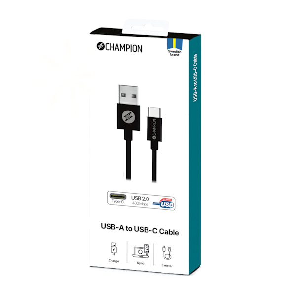 USB-A till USB-C Kabel 3m Svart