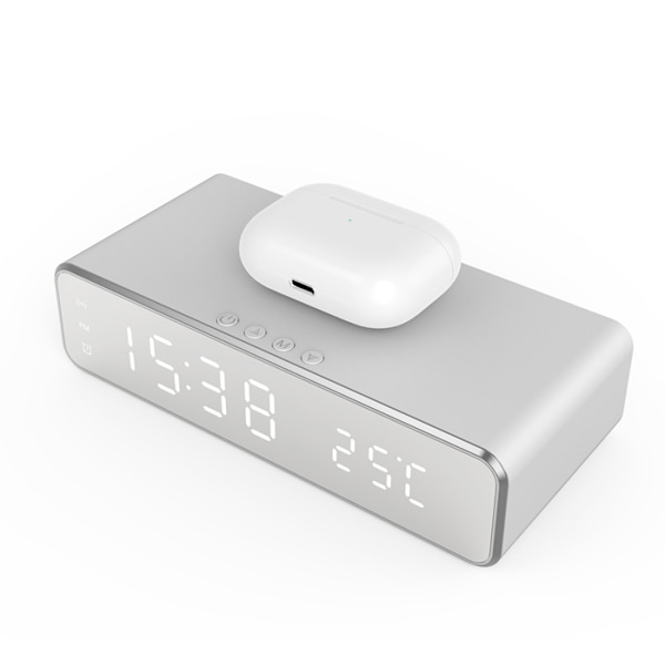 Digitalt LED vækkeur med trådløs oplader/termometer Sølv