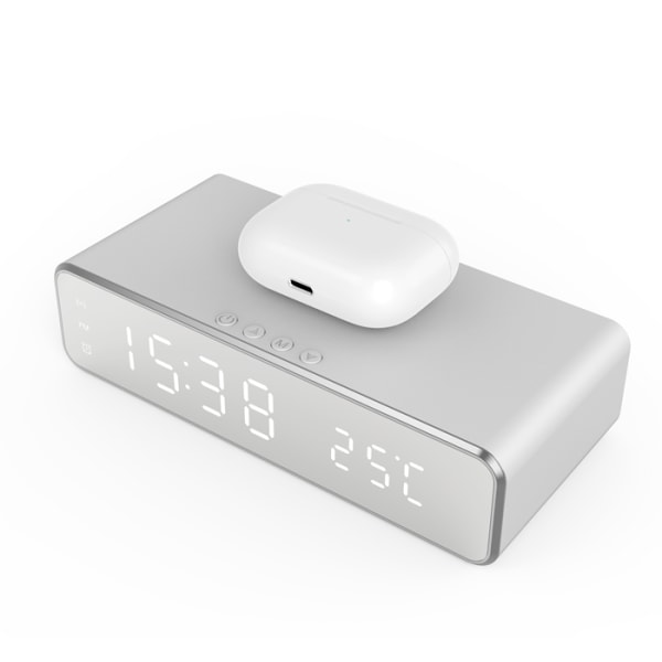 INF Digital LED väckarklocka med trådlös laddare/termometer Silv