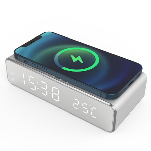 Digitalt LED vækkeur med trådløs oplader/termometer Sølv